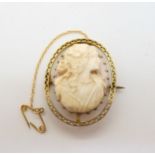 A pink conch shell cameo of a maiden, in a 9ct brooch mount, approx 4cm x 3.2cm, weight 13gms