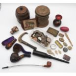 A collectors lot comprising a Meerschaum Smoking Pipe, pill boxes, George III crown 1820 etc