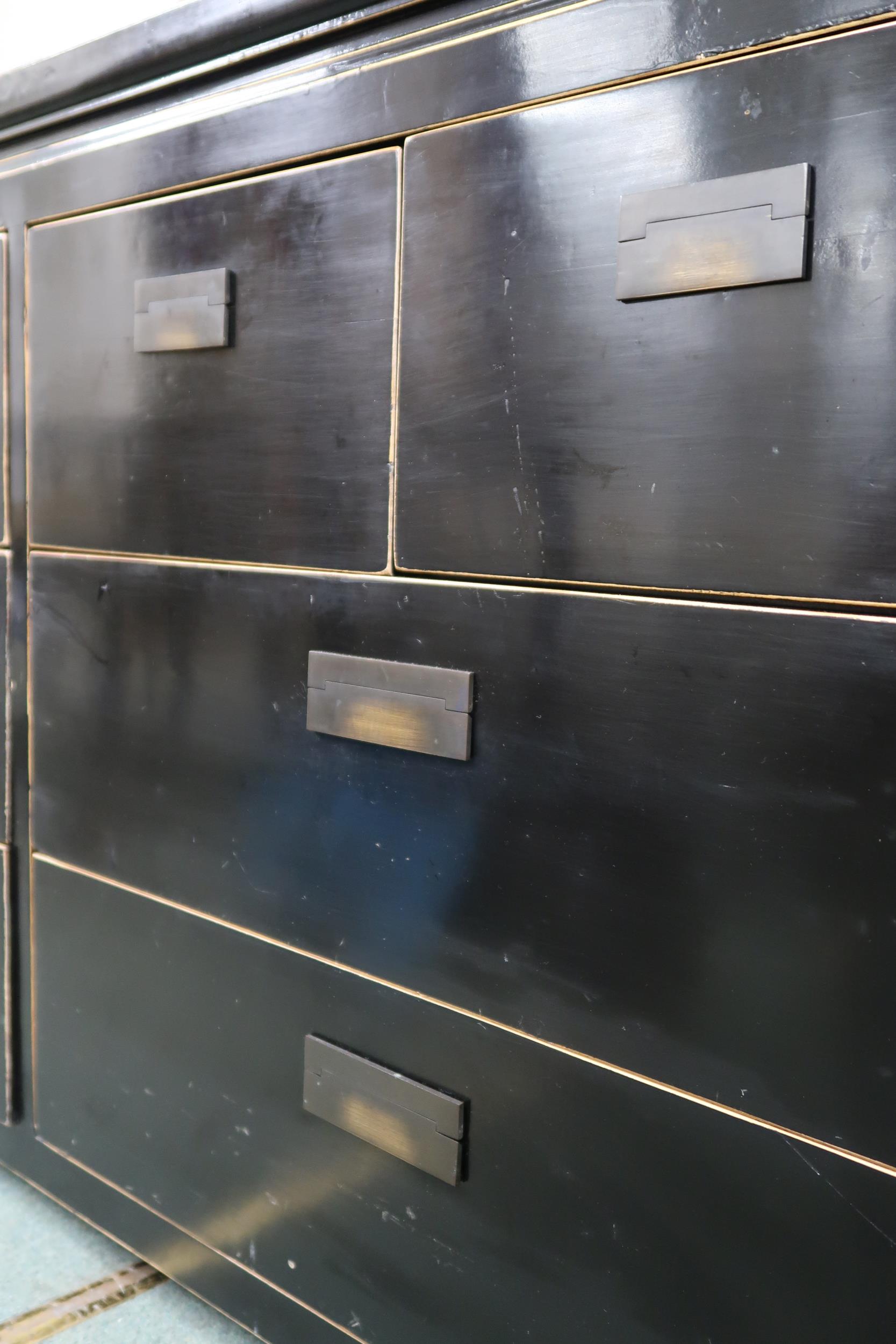 A 20th century black lacquer bank of drawers with four short over two pairs of long drawers with - Image 3 of 5