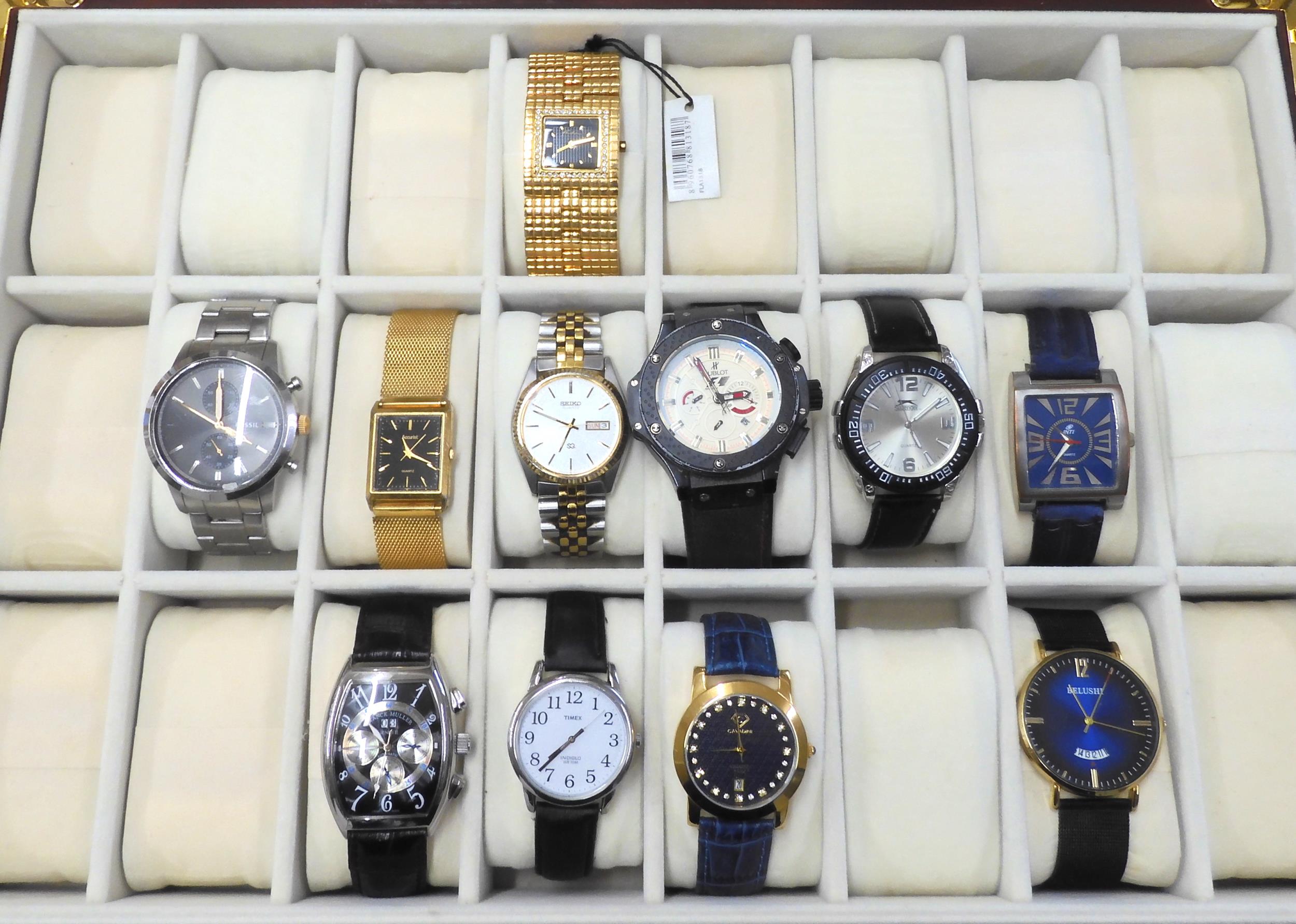 Eleven gents fashion watches, to include Seiko, Hublot style watch, Franck Muller style watch