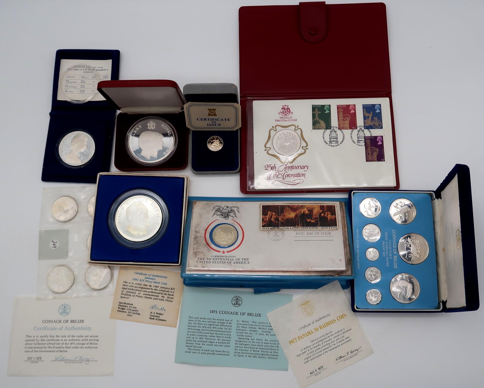 A mixed lot of silver commemorative coins with a Royal Wedding $25, 25th Anniversary of the