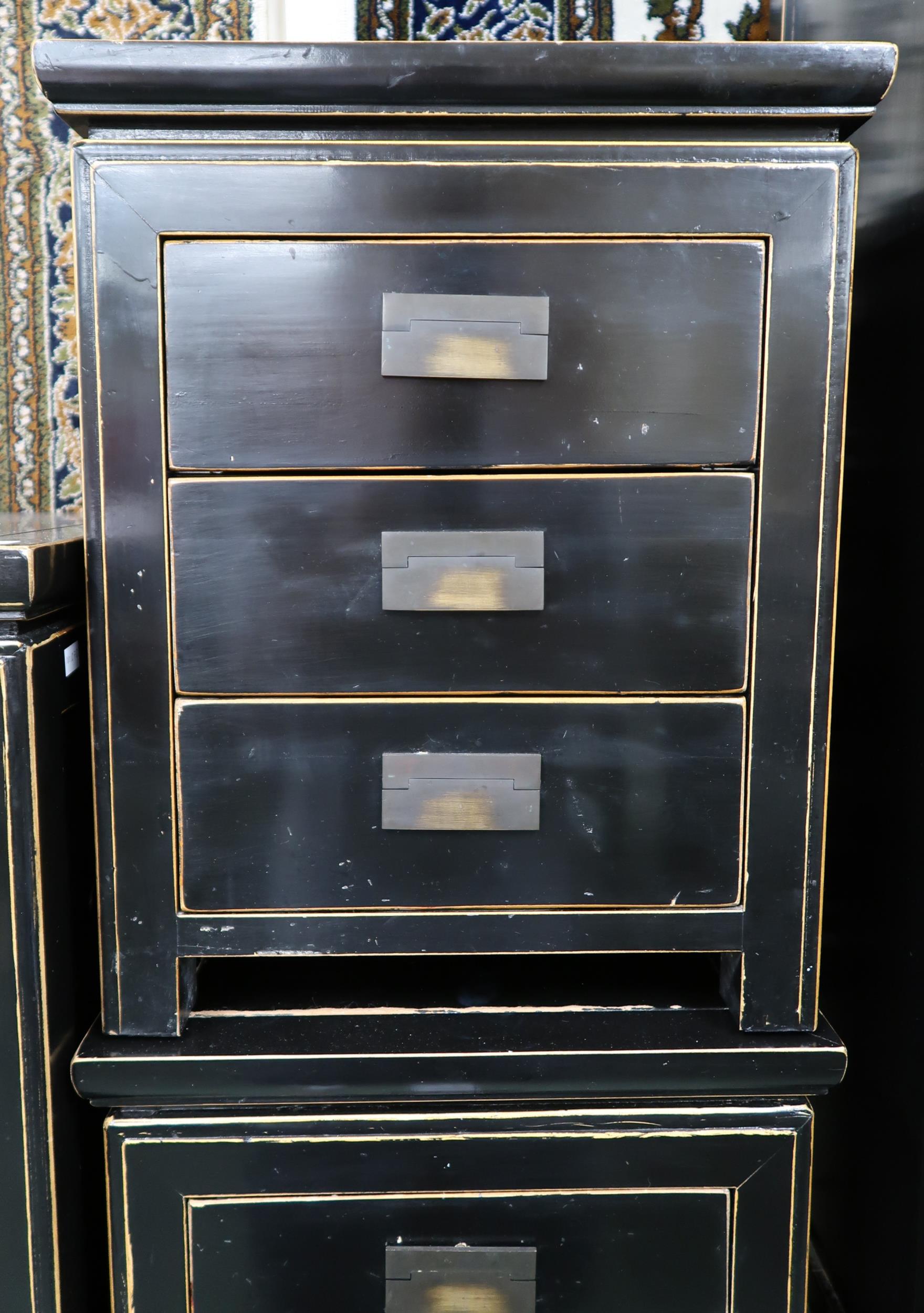 A pair of 20th century black lacquer three drawer bedside chests with brass hinged drawer pulls, - Image 4 of 4