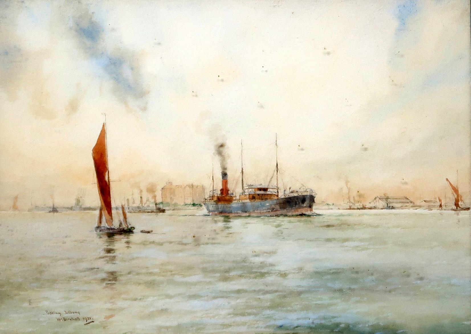 WILLIAM BIRKHALL Passing Tilbury, signed,watercolour, dated, 1921, 26 x 35cm and two others (3)