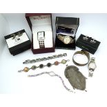 Two Accurist watches, a white metal mesh purse, a deco diamante bracelet and other items Condition