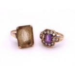 Two 9ct rings, citrine size P1/2, amethyst and clear gem size R1/2, weight together 10.6gms