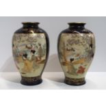 A pair of Satsuma vases, signed Kusube, of baluster form, the blue ground gilt decorated, each