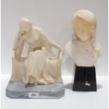 An alabaster model of a seated girl with a book, together with a bust of a girl Condition Report: