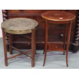A lot comprising Edwardian two tier occasional table over painted with floral motifs and a brass