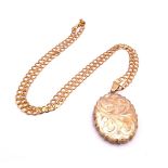 A 9ct gold oval engraved locket approx inc. bail 4.5cm x 2.5cm, on a 9ct curb chain, length 50cm,