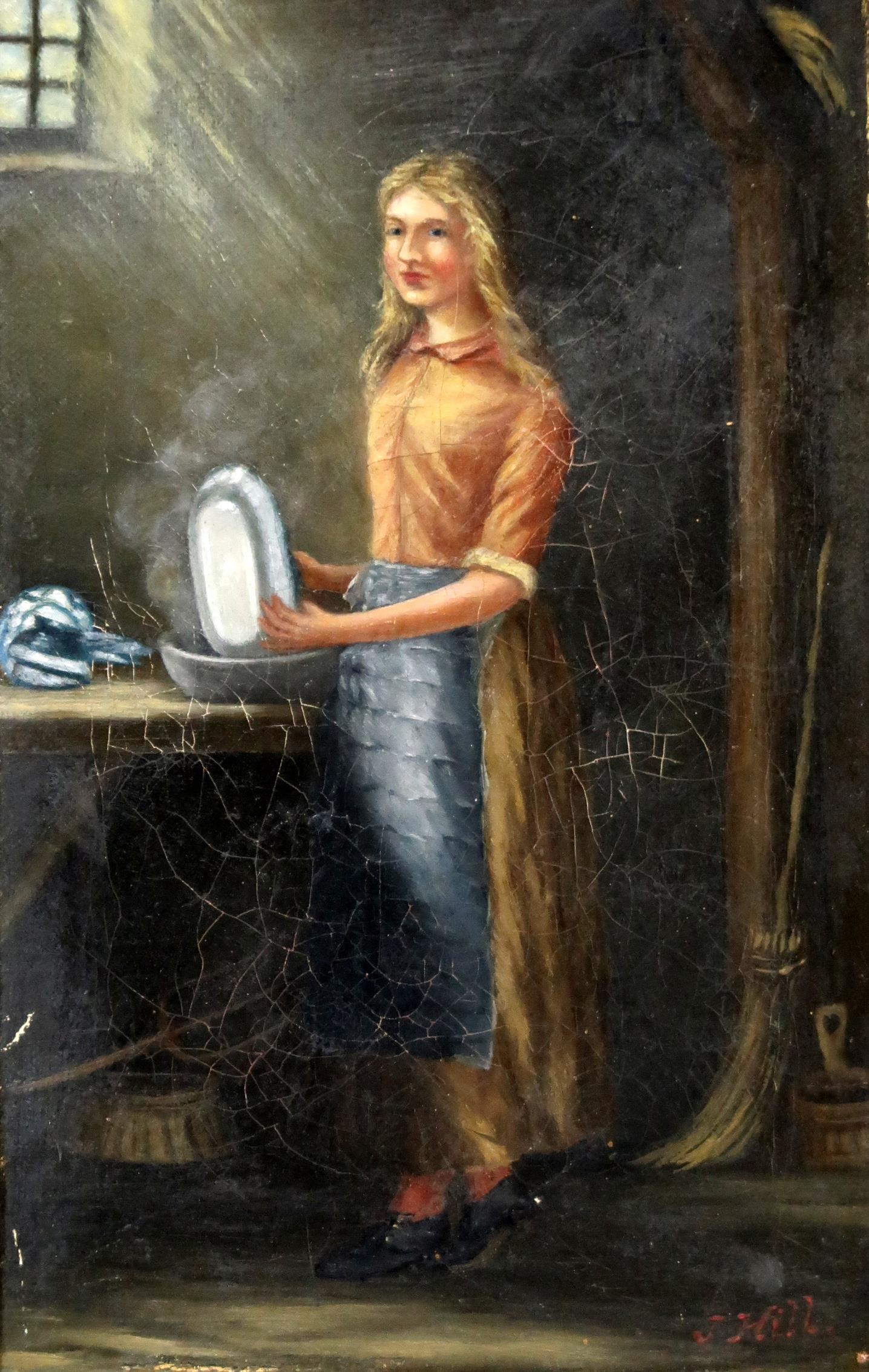 J HILL Girl washing dishes, signed, oil on canvas, 21 x 14cm Condition Report:Available upon