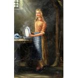 J HILL Girl washing dishes, signed, oil on canvas, 21 x 14cm Condition Report:Available upon