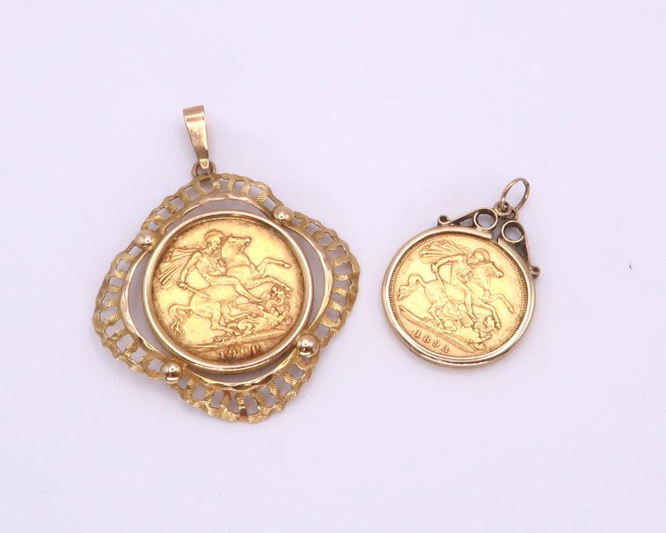 A 1900 full gold sovereign in a 9ct gold pendant mount together with a 1893 gold half sovereign in a