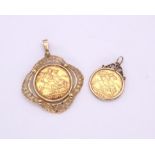 A 1900 full gold sovereign in a 9ct gold pendant mount together with a 1893 gold half sovereign in a