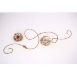 An Ola Gorie 9ct gold and pearl brooch, 9ct gold amethyst brooch, weight together 7.2gms Condition