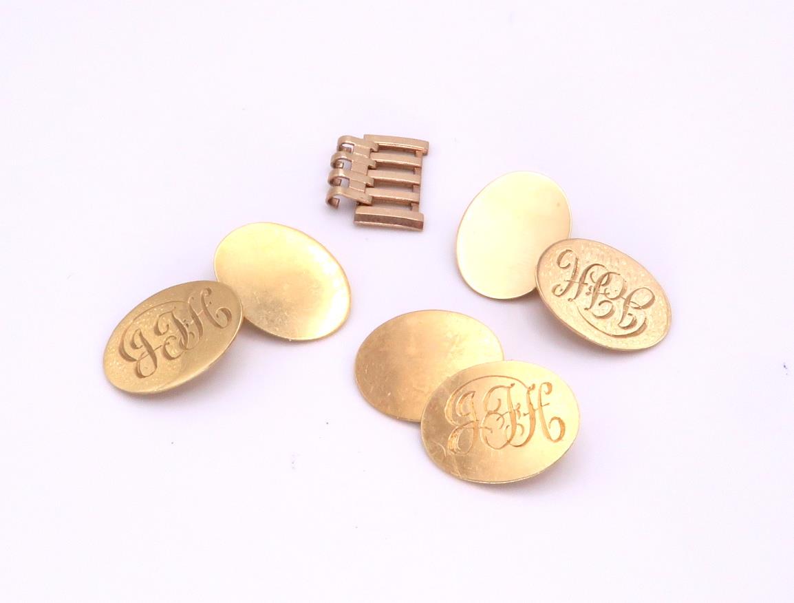 A pair and a half of 18ct gold cufflinks, weight together 14.3gms, together with a yellow metal