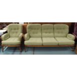 A lot comprising a mid 20th century elm and beech Ercol three seater settee, 83cm high x 195cm