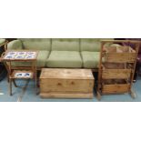 A lot comprising pine shoe tree, two tier tile inset table and a pine chest (3) Condition Report: