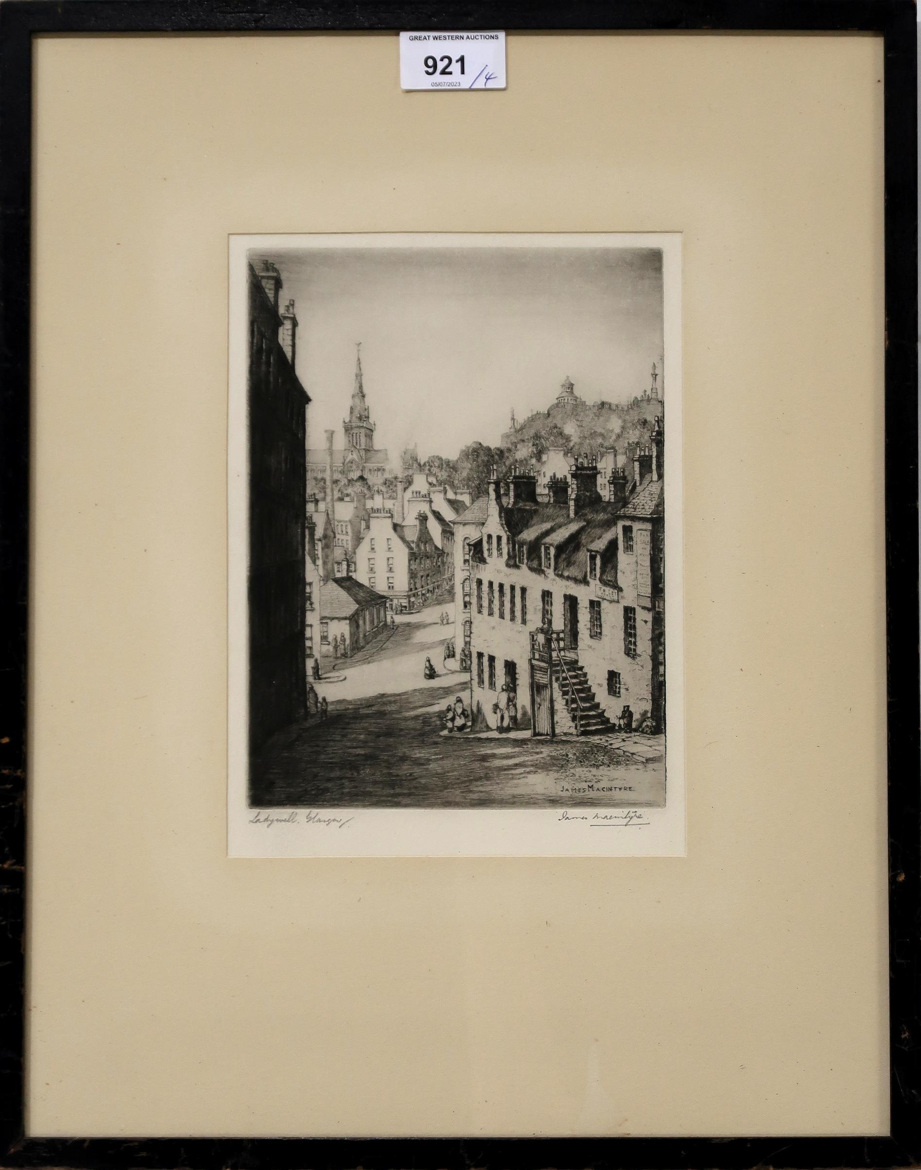 JAMES MACINTYRE Ladywell, Glasgow, 23 x 16cm D.Y.CAMERON Glasgow buildings, etchings,14 x 17cm and - Image 2 of 4