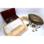 A pair of vintage Bakelite acorn earrings, Miracle style items, a lacquer box and other items