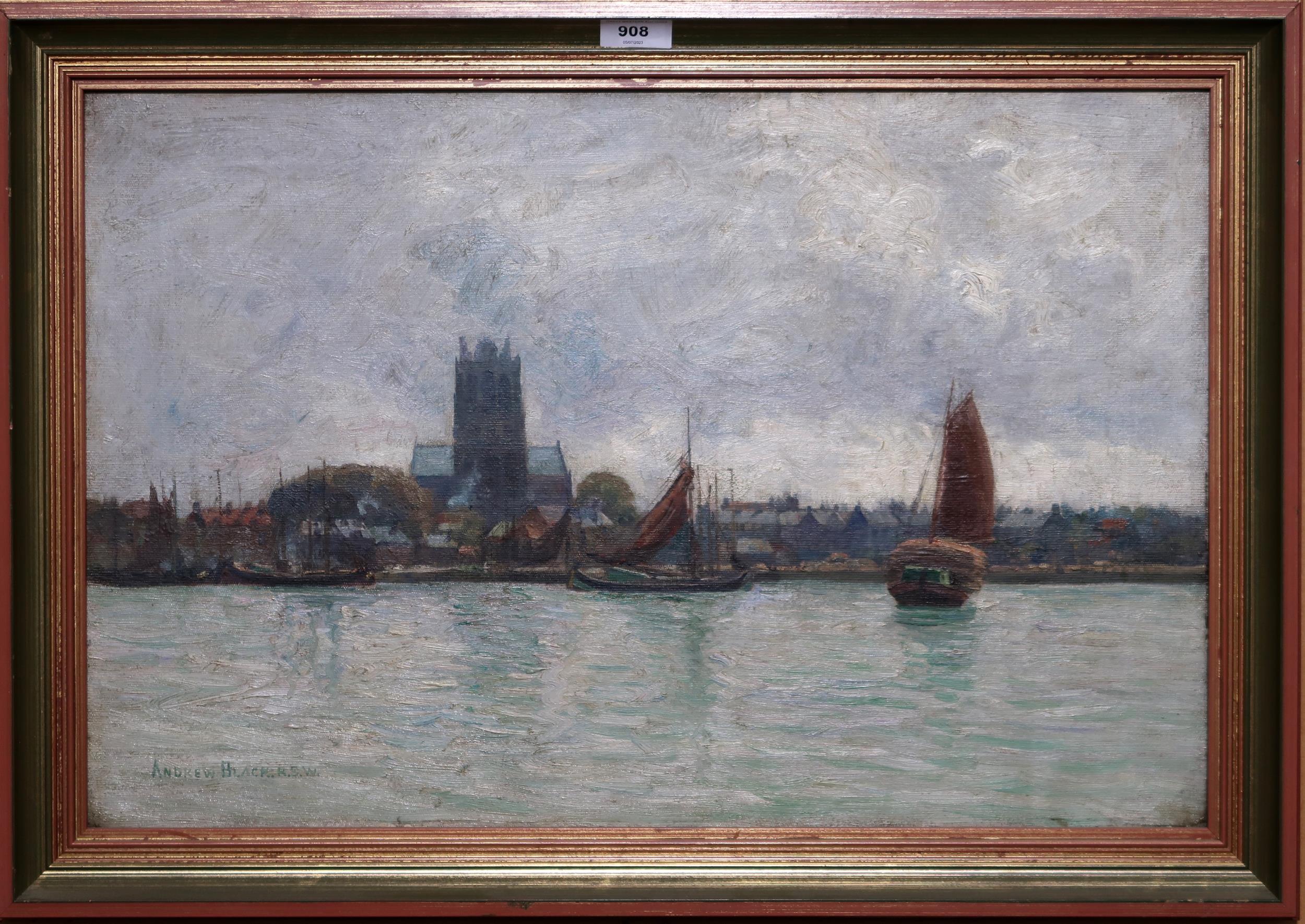 ANDREW BLACK R.S.W Barges before a coastal village, signed, oil on canvas, 40 x 60cm Condition - Image 2 of 3