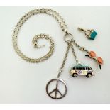 A boxed sterling silver Thomas Sabo, necklace with a 'Hippy Festival theme'  VW beetle, Peace sign