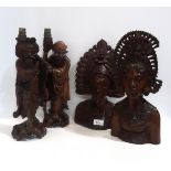 A pair of carved hardwood busts and two Chinese carved wood figural table lamps Condition Report: