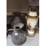 A ceramic oil lamp with etched glass shades, two copper flagons and a pair of lamps Condition