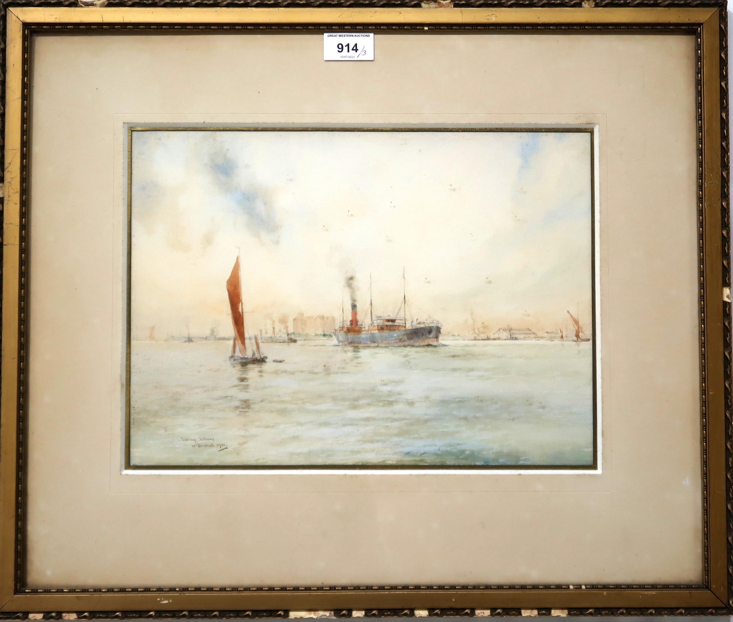 WILLIAM BIRKHALL Passing Tilbury, signed,watercolour, dated, 1921, 26 x 35cm and two others (3) - Image 2 of 4