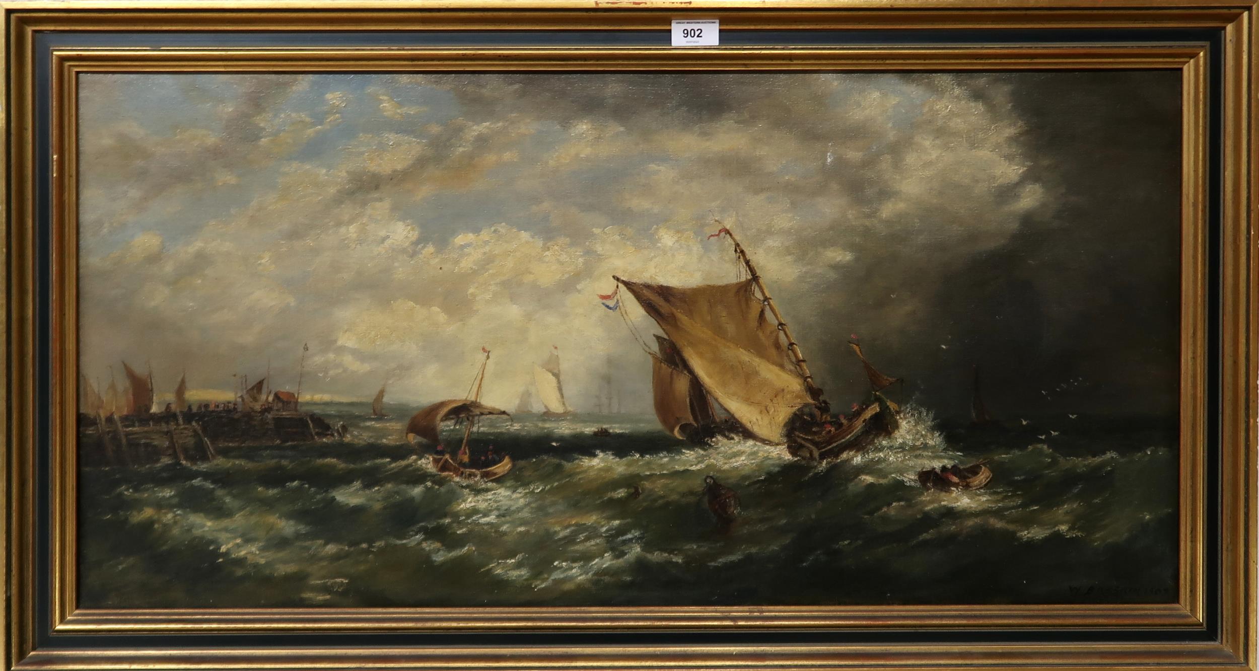 W BRESRIN Fishing boats on a stormy sea, signed, oil on canvas, dated, 1903, 44 x 90cm Condition - Image 2 of 3