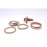 Two 9ct gold wedding rings sizes N, and S, and three further 9ct gold rings, weight all together 8.