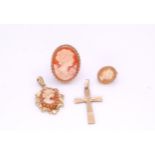 A 9ct gold cameo ring, size L1/2, a cross , and two further cameo items mounted in yellow metal 10.
