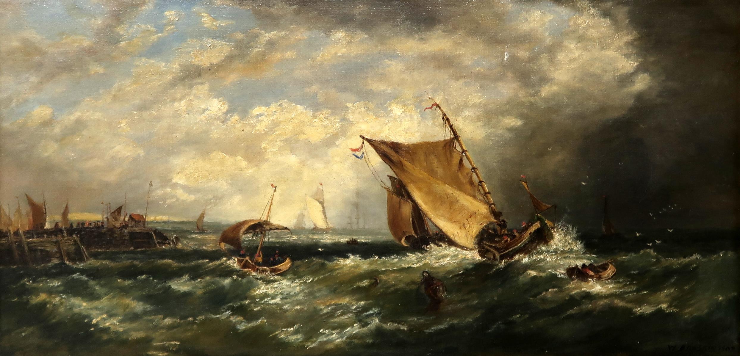 W BRESRIN Fishing boats on a stormy sea, signed, oil on canvas, dated, 1903, 44 x 90cm Condition