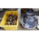 A Masons Willow Pattern washbowl, ewer and soap dish, together with a quantity of EPNS Condition