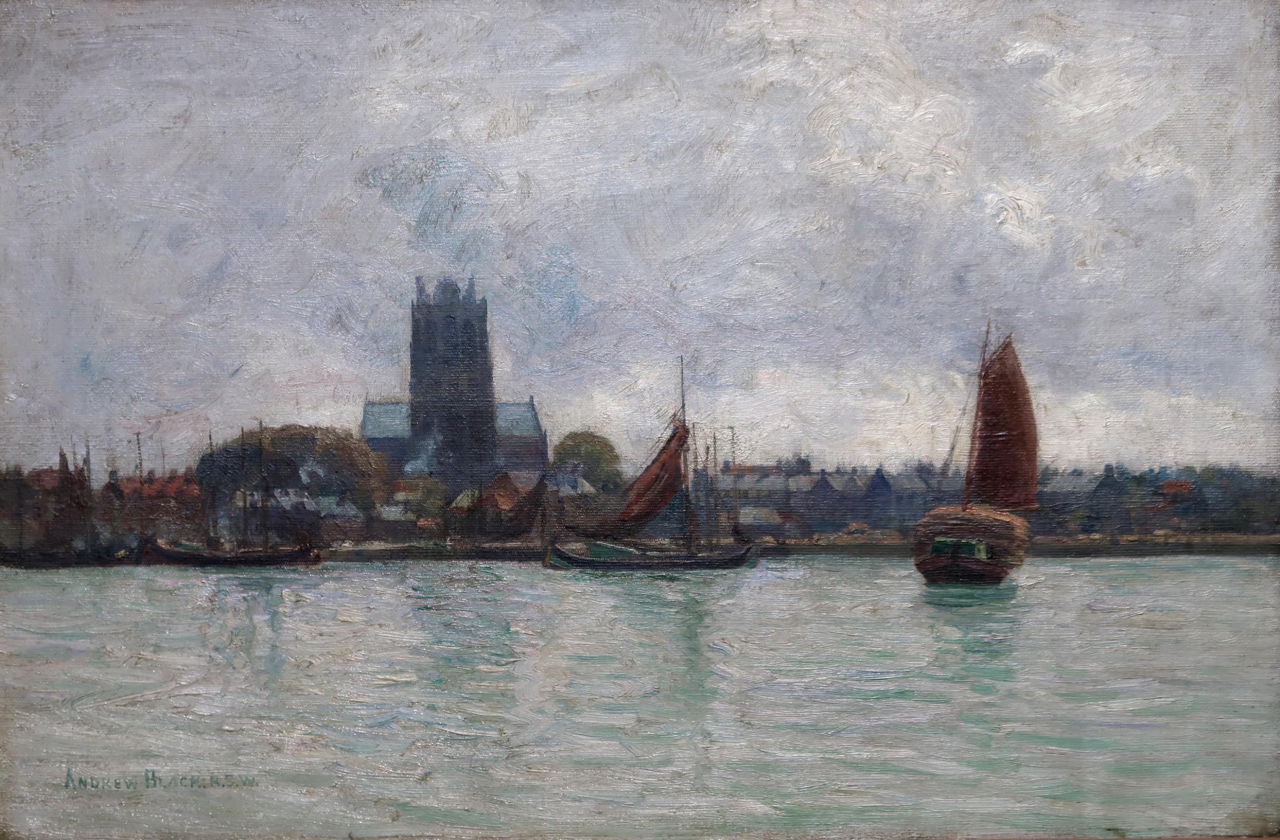 ANDREW BLACK R.S.W Barges before a coastal village, signed, oil on canvas, 40 x 60cm Condition