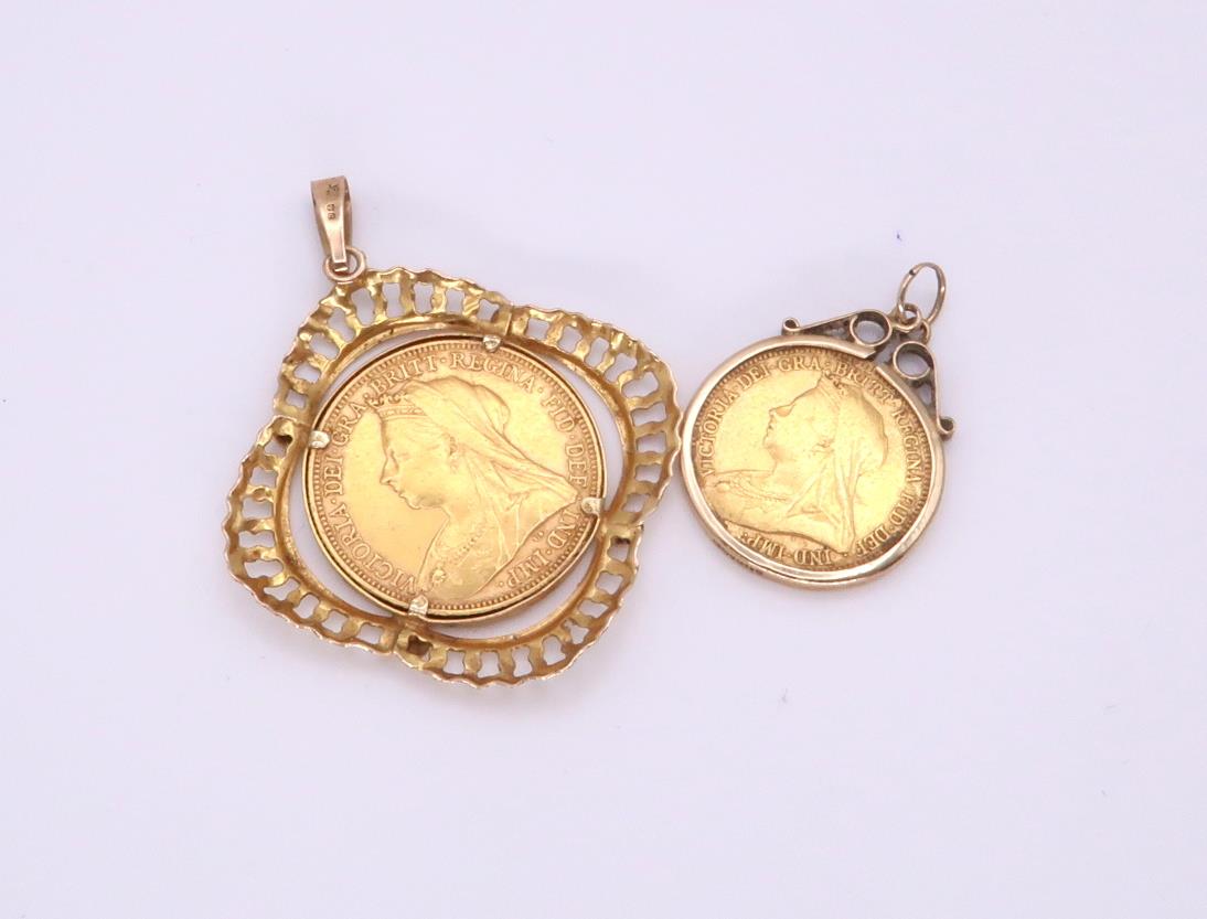 A 1900 full gold sovereign in a 9ct gold pendant mount together with a 1893 gold half sovereign in a - Image 2 of 4