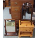 A lot comprising two assorted mahogany framed dressing mirror and a pine bedside cabinet (3)