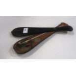 A 20th century opium scale with brass pan, bone handle and wooden fitted paddle shaped case