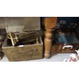 A brass log box, containing brass kettle, copper jug and other items including a picnic basket