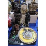 A Chinese carved wood lamp of a sage, another smaller, a Satsuma plate with yellow ground and