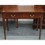 A late Victorian mahogany two drawer hall table on square tapering supports, 72cm high x 91cm wide x