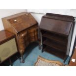 A lot comprising 20th century walnut veneered serpentine front bureau and an oak shallow bureau (