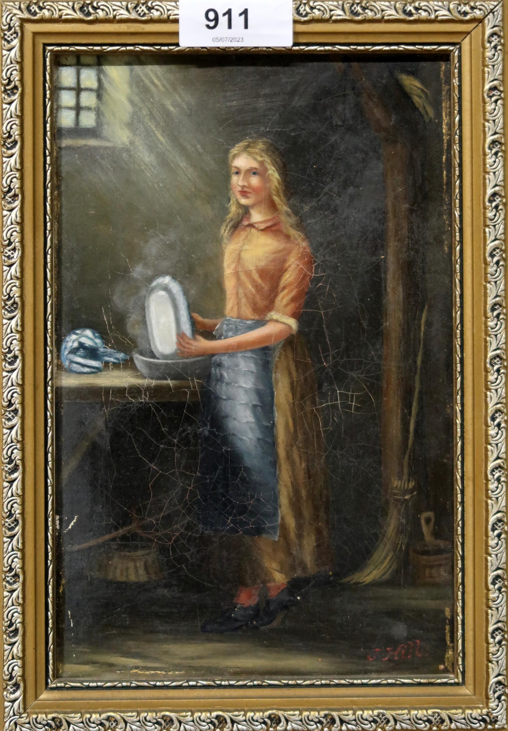 J HILL Girl washing dishes, signed, oil on canvas, 21 x 14cm Condition Report:Available upon - Image 2 of 3