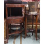 A lot comprising a 19th century brass D. Smith Hereford dairies pale, mahogany corner shelf and a