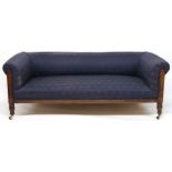 A 19TH CENTURY ASH FRAMED CLUB SETTEE with blue Damask upholstery on turned supports terminating