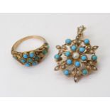 TWO VINTAGE TURQUOISE ITEMS a turquoise and pearl yellow metal pendant brooch, dimensions with bail,