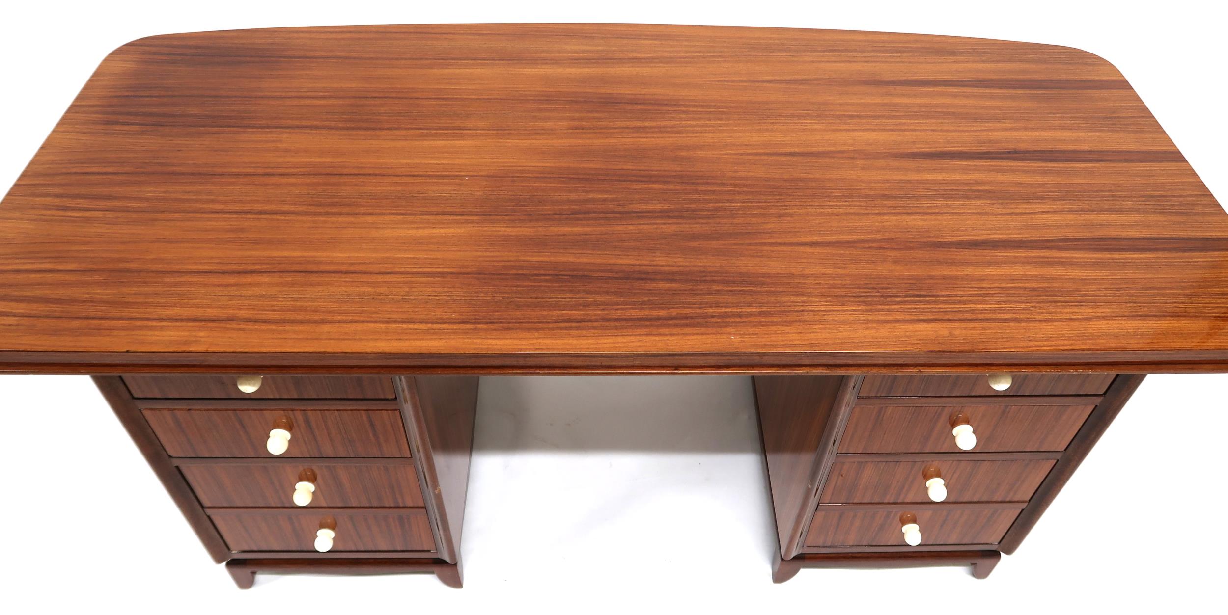 A LATE 20TH CENTURY ART DECO STYLE TWIN PEDESTAL DESK with shaped top on pair of four - Image 5 of 14