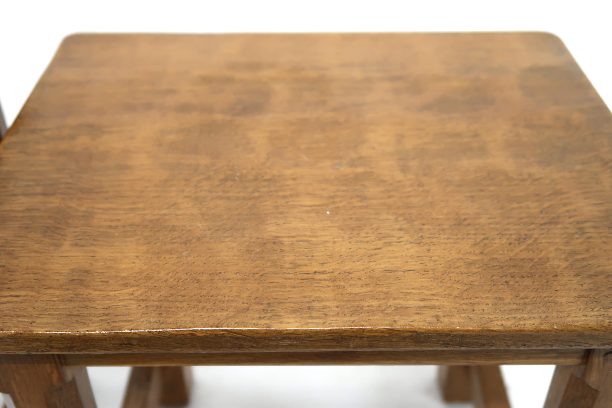 A PETER "RABBITMAN" HEAP OAK NEST OF THREE TABLES  with adzed rectangular tops on stretchered - Image 7 of 8