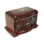 A 19TH CENTURY TORTOISESHELL-VENEERED, MOTHER OF PEARL-INLAID AND IVORY-BANDED TEA CADDY With