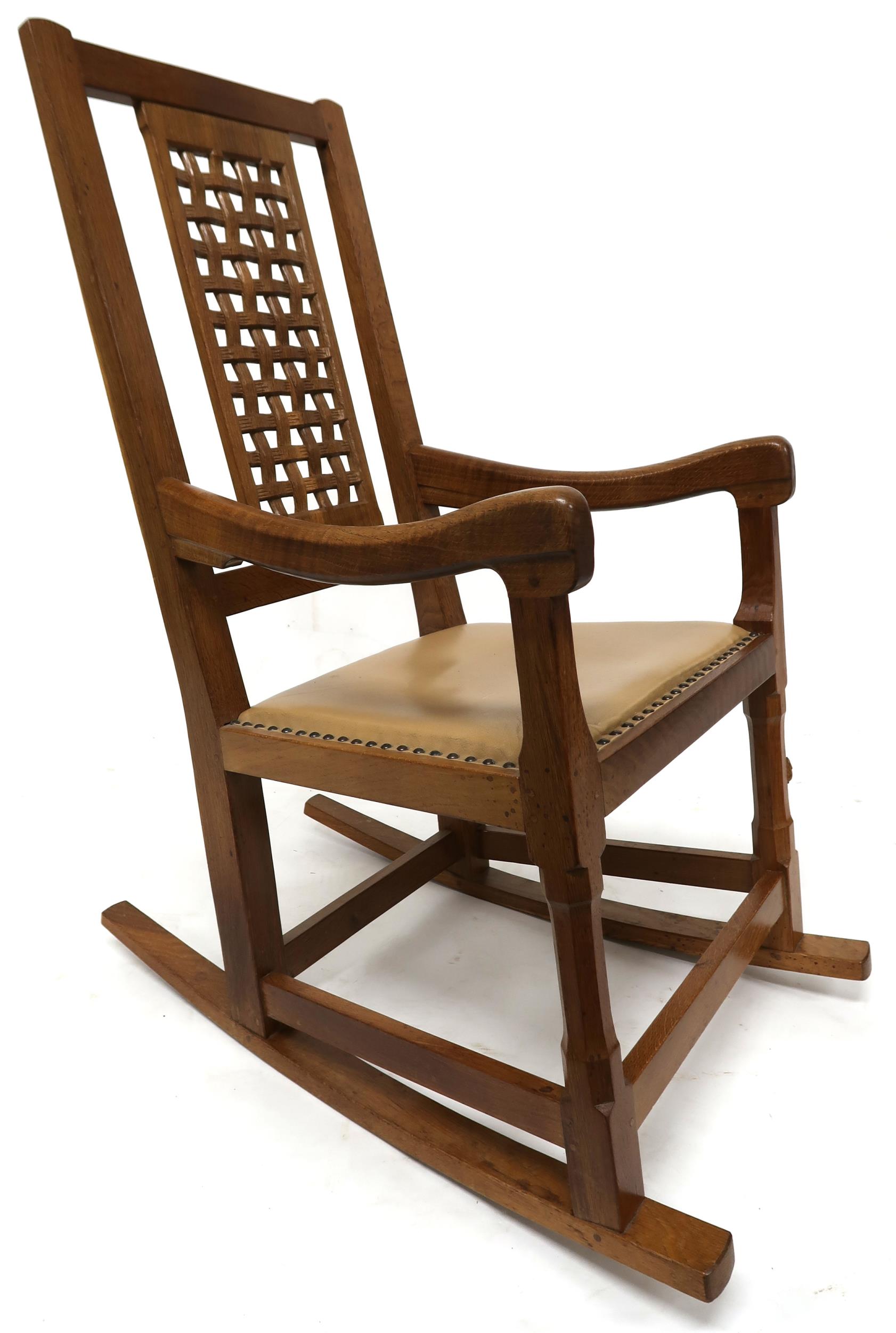 A PETER "RABBITMAN" HEAP OAK LATTICE BACK ROCKING CHAIR with carved lattice splat over beige leather - Image 4 of 11