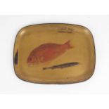A JAPANESE LACQUERED TRAY Decorated with two fish in light relief, 15 x 19.5cm Condition Report:some